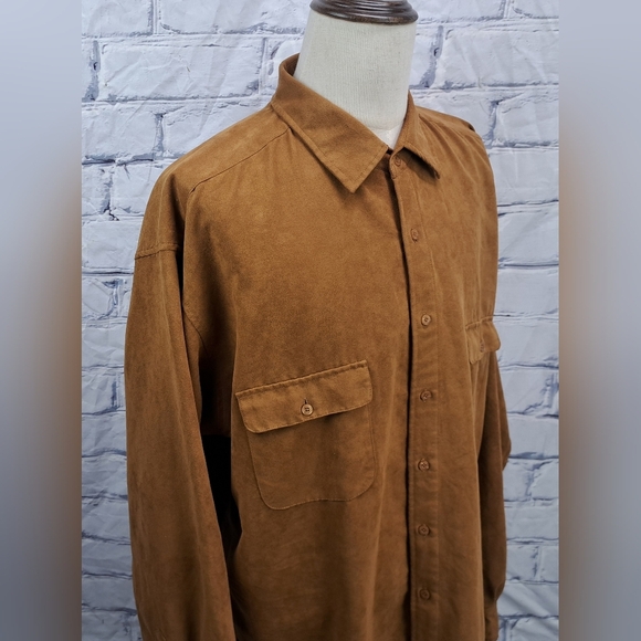 Vintage 90s George Foreman Men's Faux Suede Casual Button Down Shirt Brown 2XLT - Picture 11 of 16